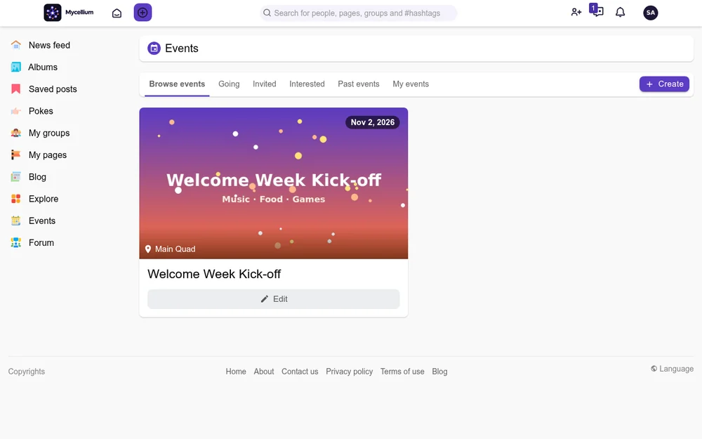 Events page showing the Welcome Week Kick-off
