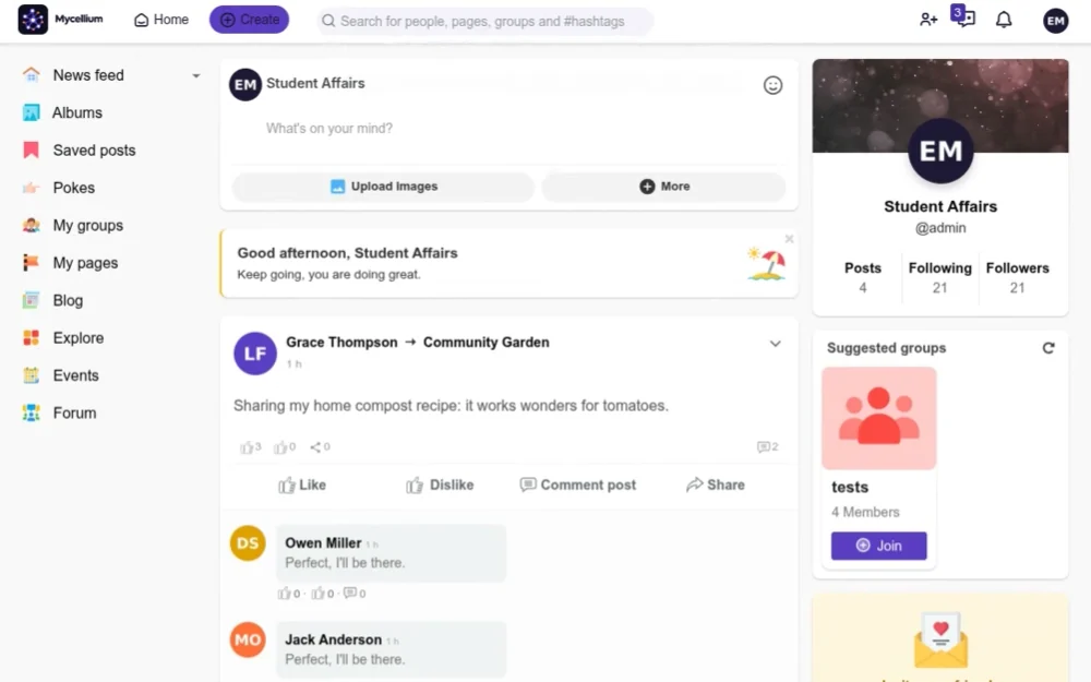 News feed with posts, comments, suggested groups and activity