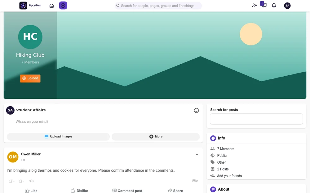 Hiking Club group page with members and posts