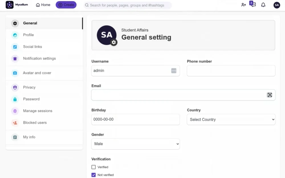 Account settings with privacy, password and blocked users